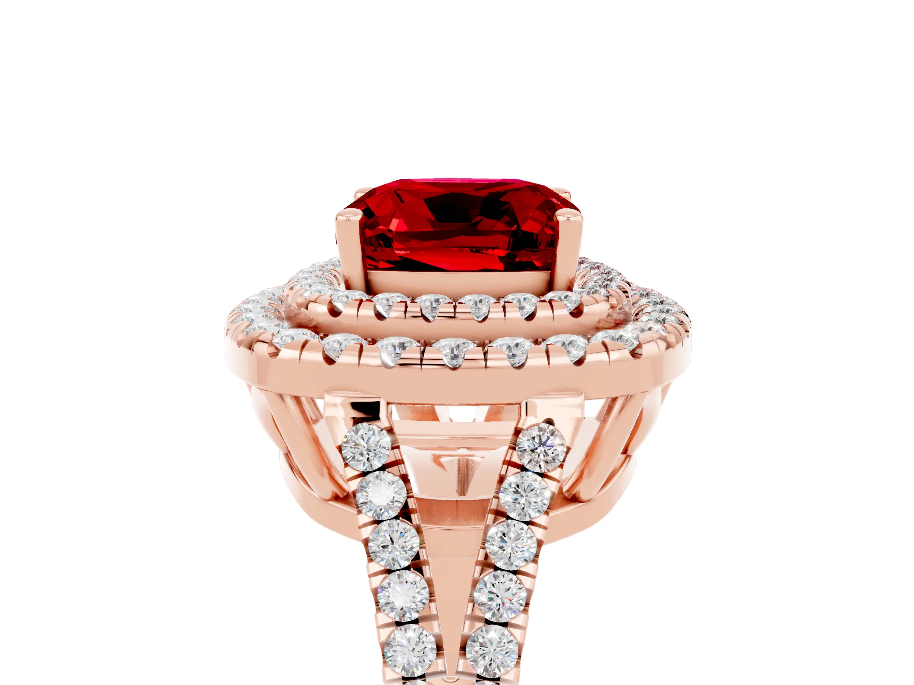 Rose gold Cushion Cut Ruby Double Halo Ring with Pavé Band and Prong Setting_17