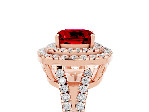 Rose gold Cushion Cut Ruby Double Halo Ring with Pavé Band and Prong Setting_17