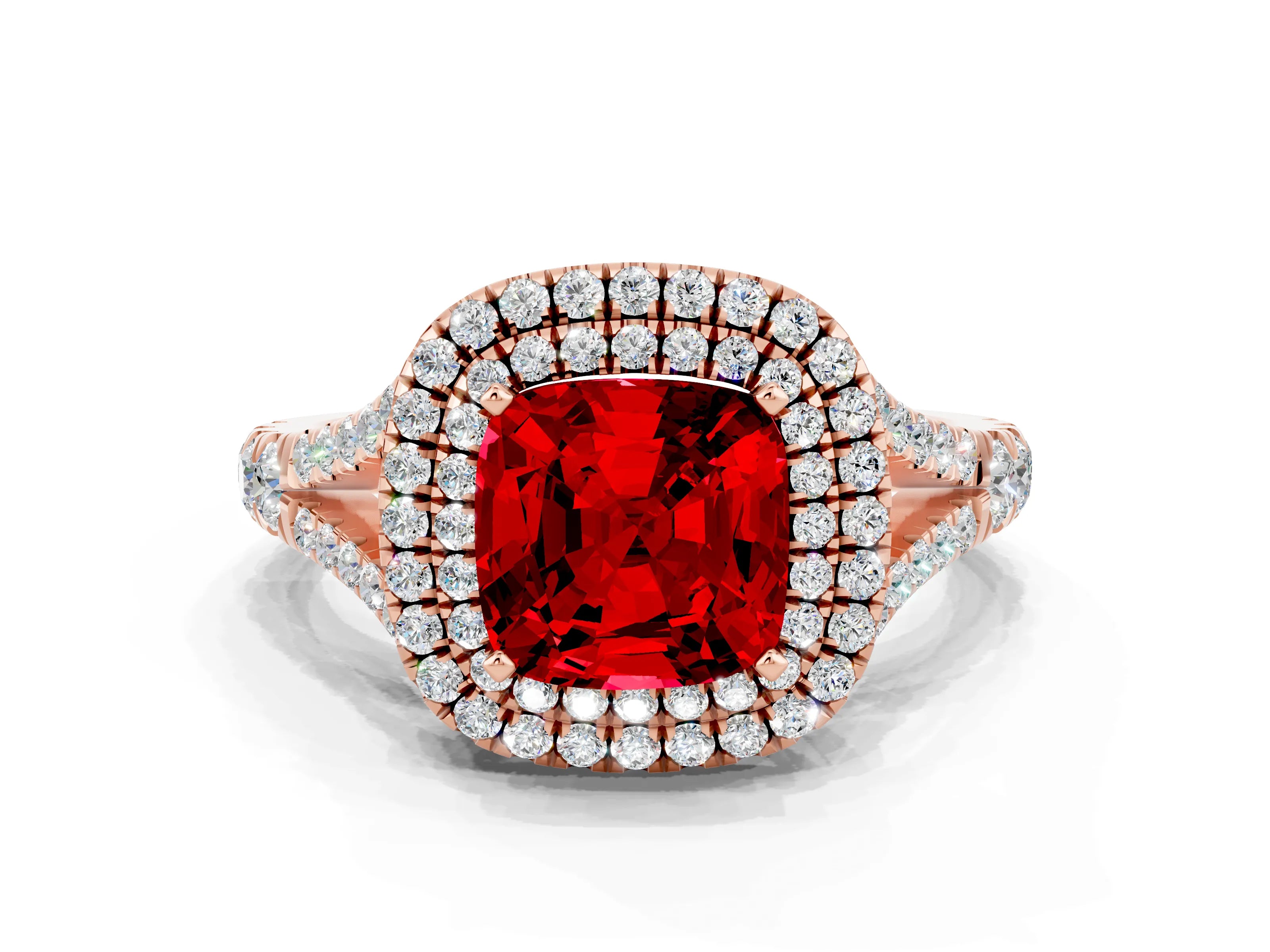 Rose gold Cushion Cut Ruby Double Halo Ring with Split Shank and Prong Setting_12