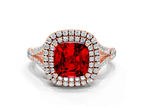 Rose gold Cushion Cut Ruby Double Halo Ring with Split Shank and Prong Setting_12