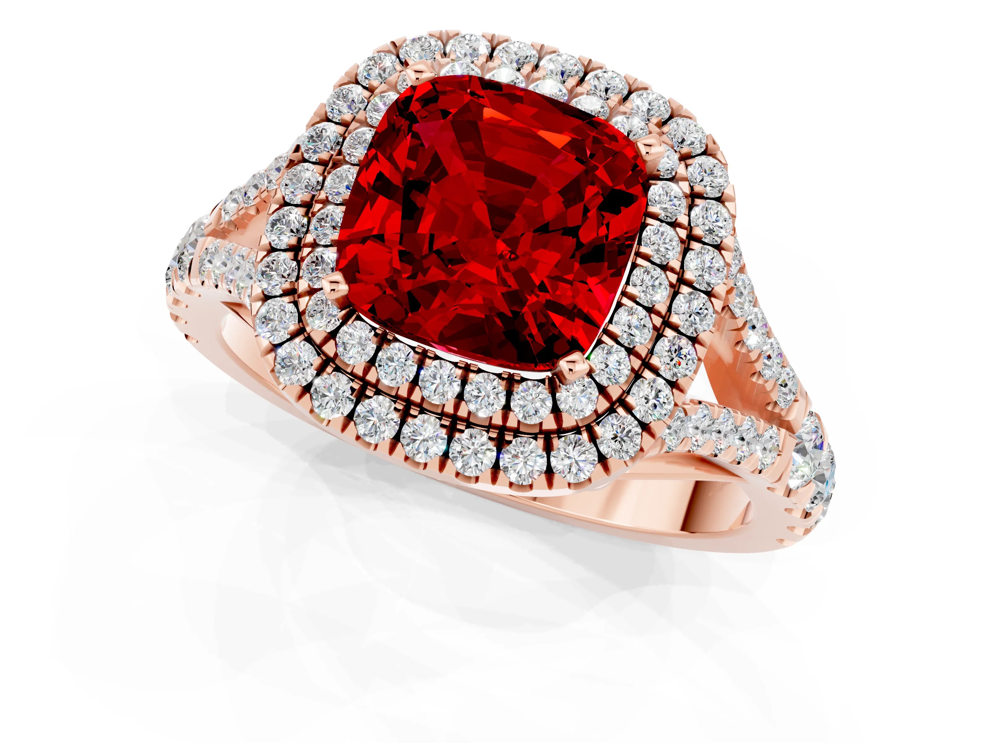 Rose gold Cushion Cut Ruby Double Halo Ring with Split Shank and Prong Setting_13