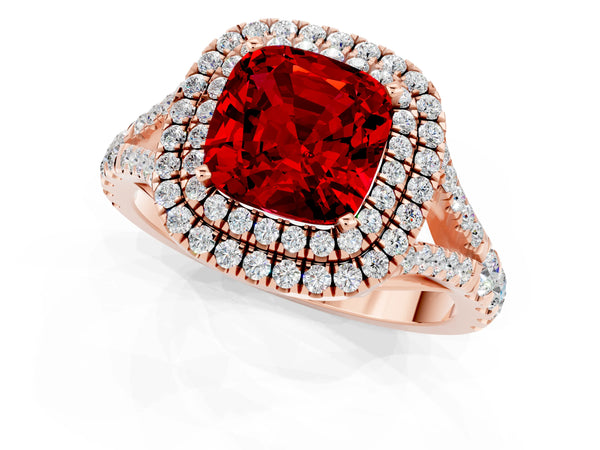 Rose gold Cushion Cut Ruby Double Halo Ring with Split Shank and Prong Setting