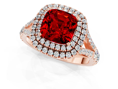 Rose gold Cushion Cut Ruby Double Halo Ring with Split Shank and Prong Setting_13