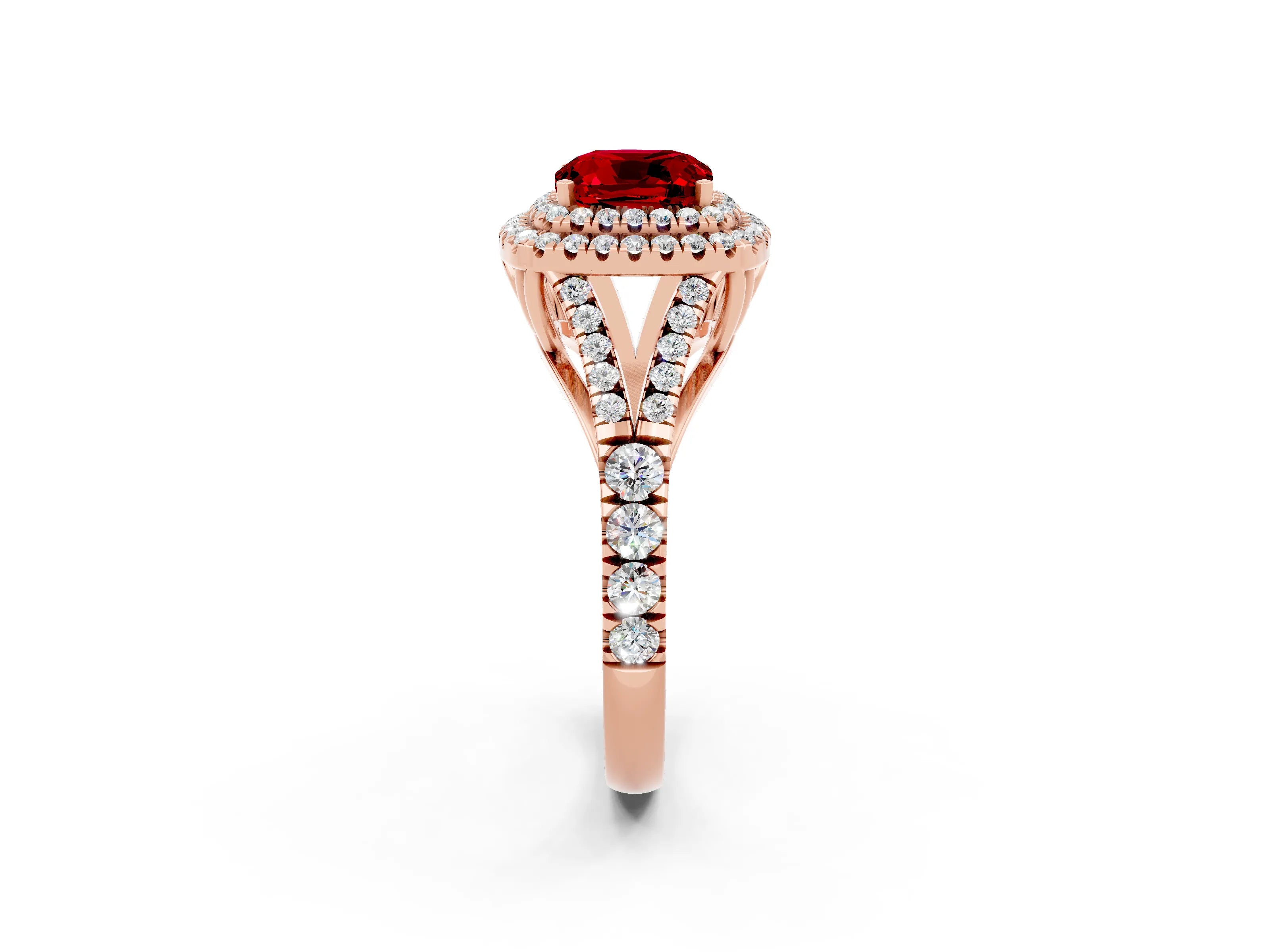 Rose gold Cushion Cut Ruby Double Halo Ring with Split Shank and Prong Setting_14
