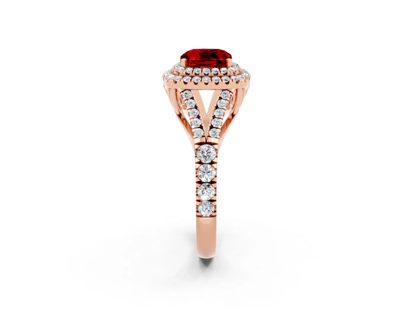 Rose gold Cushion Cut Ruby Double Halo Ring with Split Shank and Prong Setting