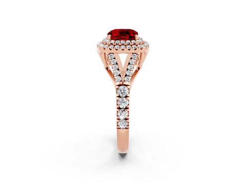 Rose gold Cushion Cut Ruby Double Halo Ring with Split Shank and Prong Setting_14