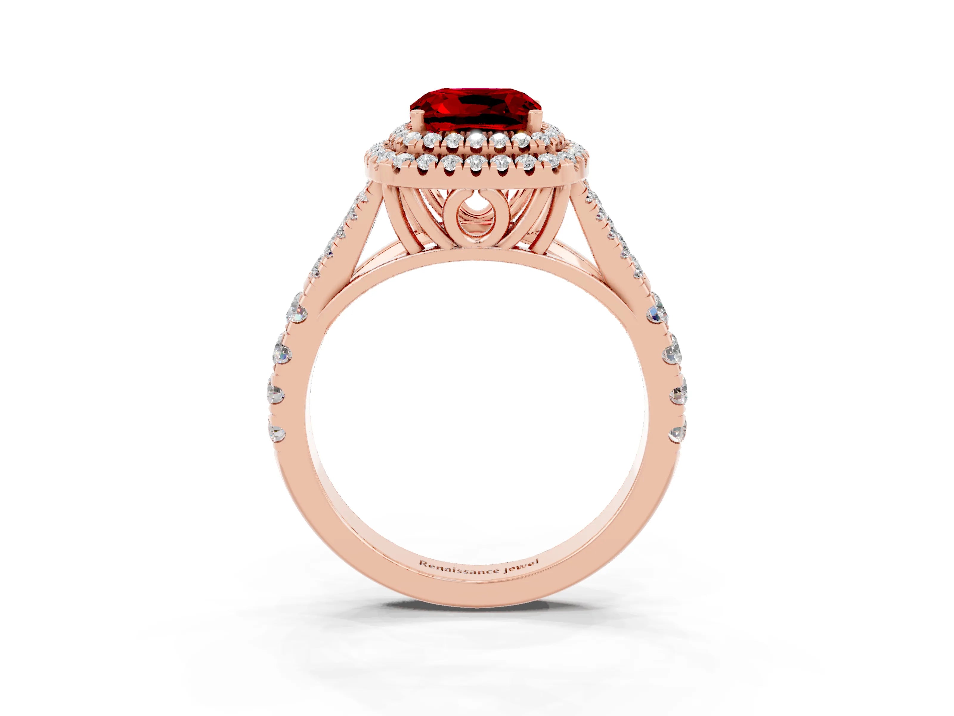 Rose gold Cushion Cut Ruby Double Halo Ring with Split Shank and Prong Setting_15