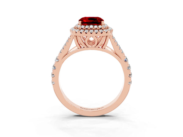 Rose gold Cushion Cut Ruby Double Halo Ring with Split Shank and Prong Setting