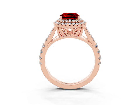 Rose gold Cushion Cut Ruby Double Halo Ring with Split Shank and Prong Setting_15