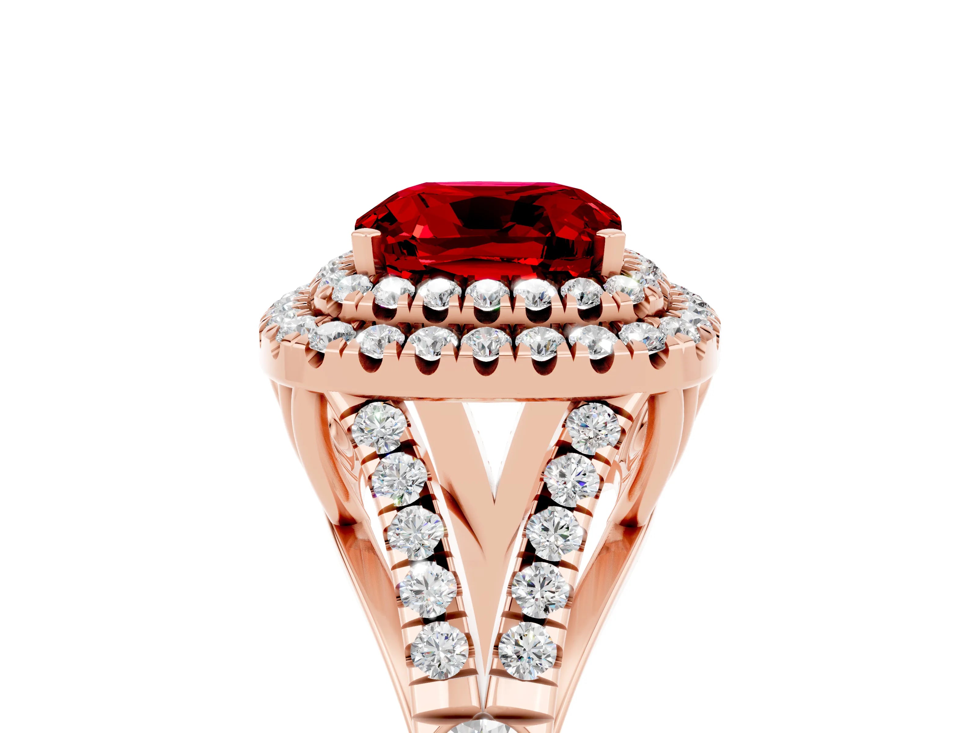 Rose gold Cushion Cut Ruby Double Halo Ring with Split Shank and Prong Setting_17
