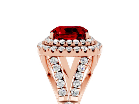Rose gold Cushion Cut Ruby Double Halo Ring with Split Shank and Prong Setting_17