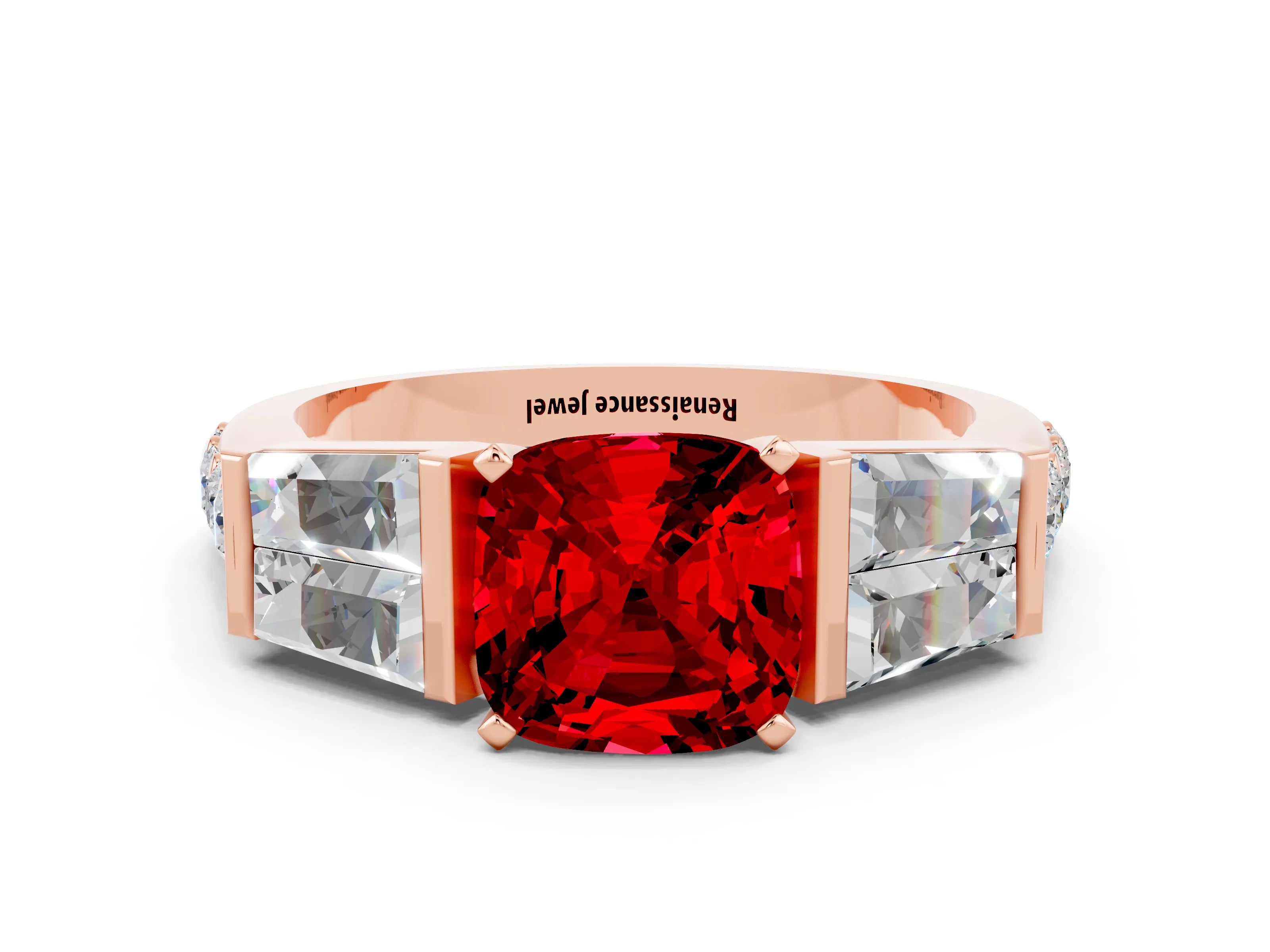 Rose gold Cushion Cut Ruby Engagement Ring with Baguette Side Stones and Channel Set Band