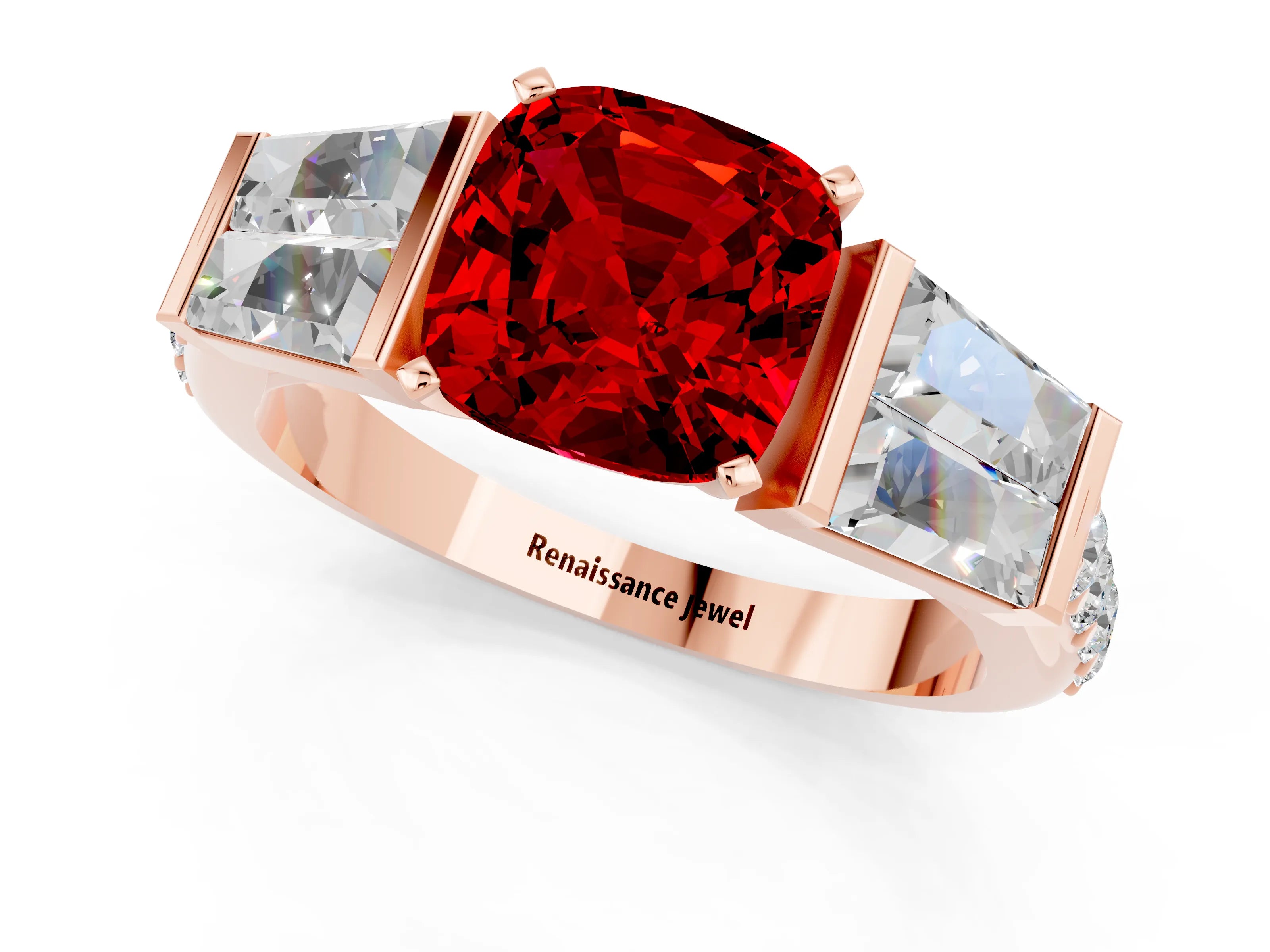 Rose gold Cushion Cut Ruby Engagement Ring with Baguette Side Stones and Channel Set Band_1