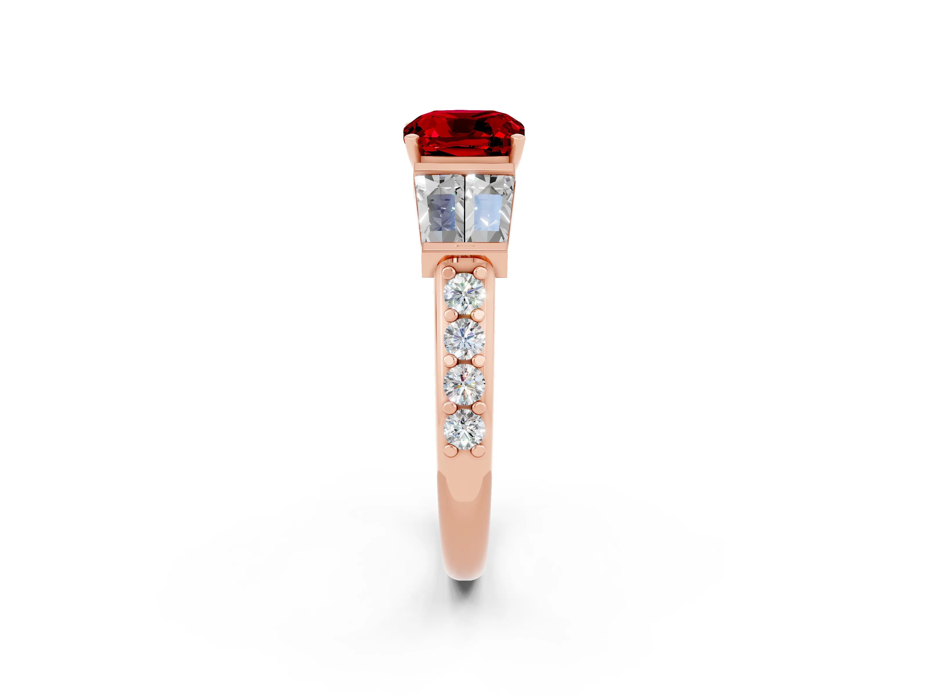 Rose gold Cushion Cut Ruby Engagement Ring with Baguette Side Stones and Channel Set Band_2