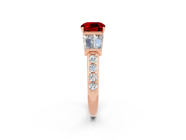 Rose gold Cushion Cut Ruby Engagement Ring with Baguette Side Stones and Channel Set Band