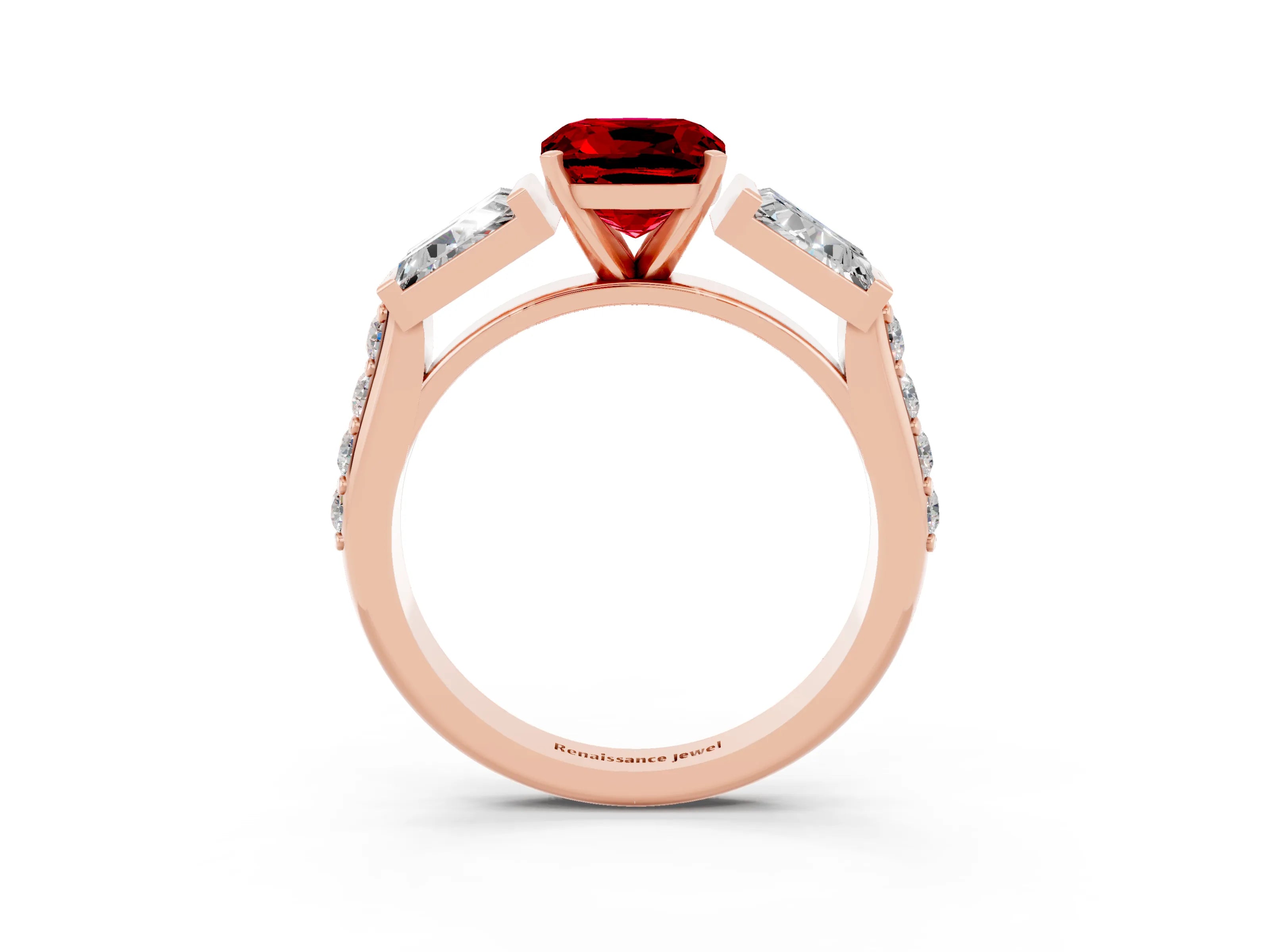 Rose gold Cushion Cut Ruby Engagement Ring with Baguette Side Stones and Channel Set Band_3