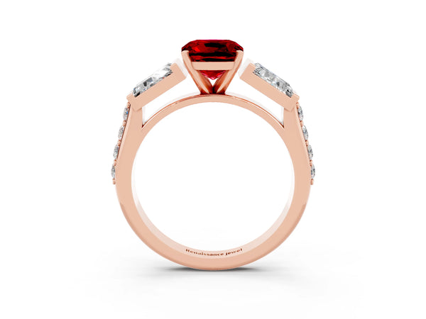 Rose gold Cushion Cut Ruby Engagement Ring with Baguette Side Stones and Channel Set Band