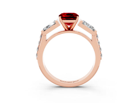 Rose gold Cushion Cut Ruby Engagement Ring with Baguette Side Stones and Channel Set Band_3