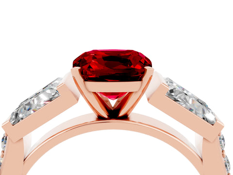 Rose gold Cushion Cut Ruby Engagement Ring with Baguette Side Stones and Channel Set Band_4