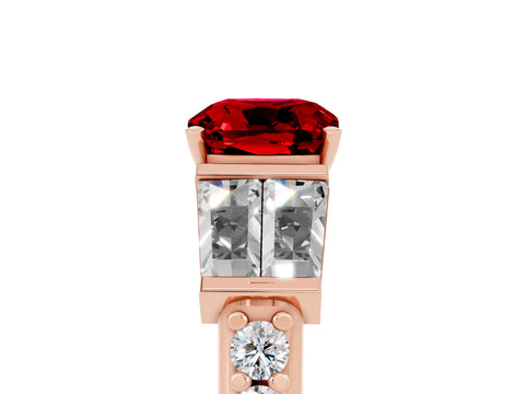 Rose gold Cushion Cut Ruby Engagement Ring with Baguette Side Stones and Channel Set Band_5