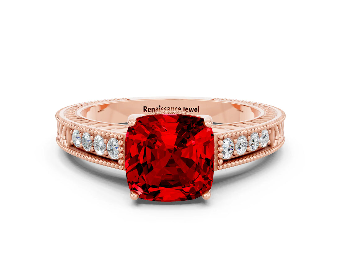 Rose gold Cushion Cut Ruby Engagement Ring with Milgrain Channel Set Band and Prong Setting