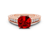 Rose gold Cushion Cut Ruby Engagement Ring with Milgrain Channel Set Band and Prong Setting