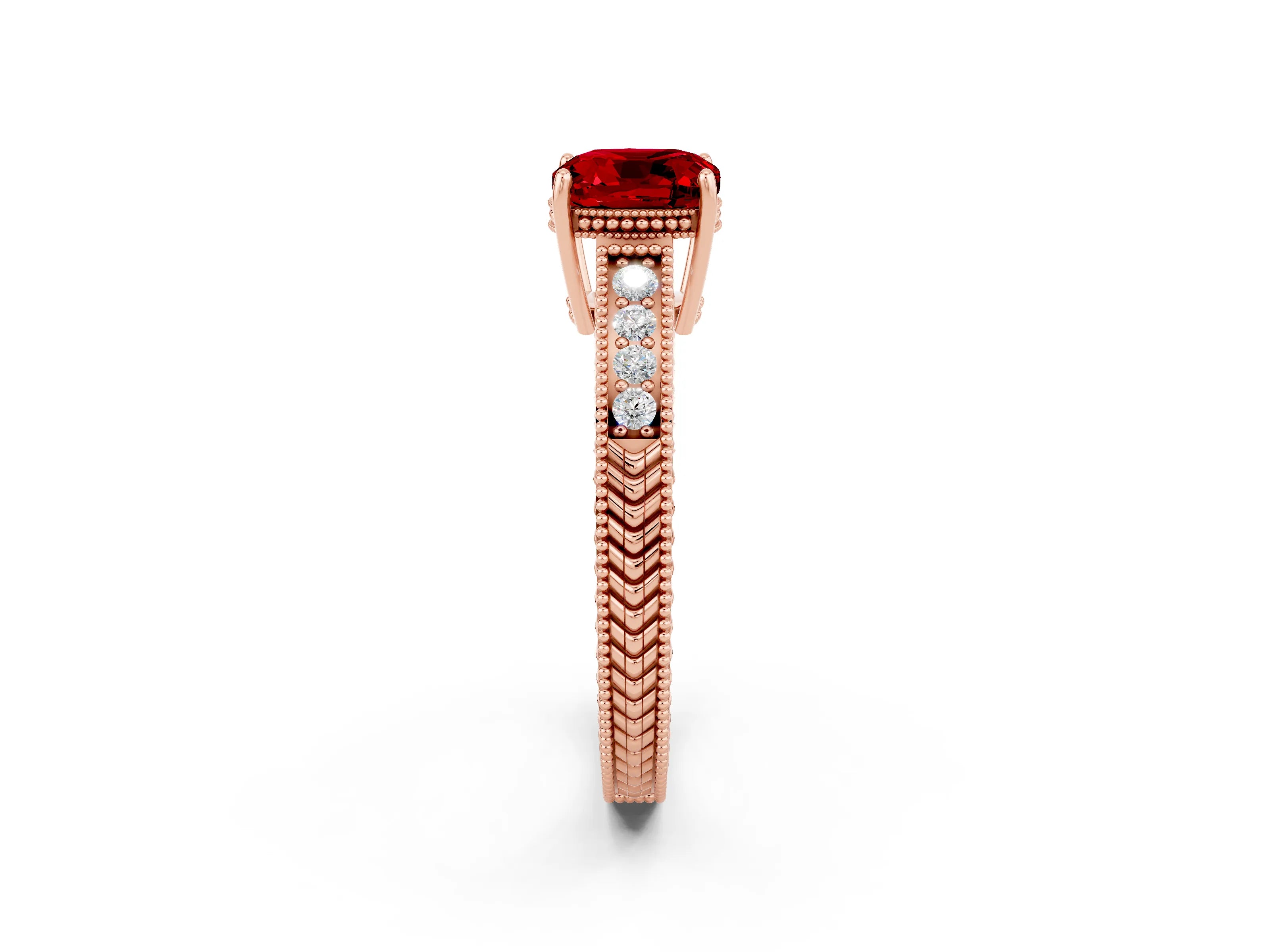 Rose gold Cushion Cut Ruby Engagement Ring with Milgrain Channel Set Band and Prong Setting_2