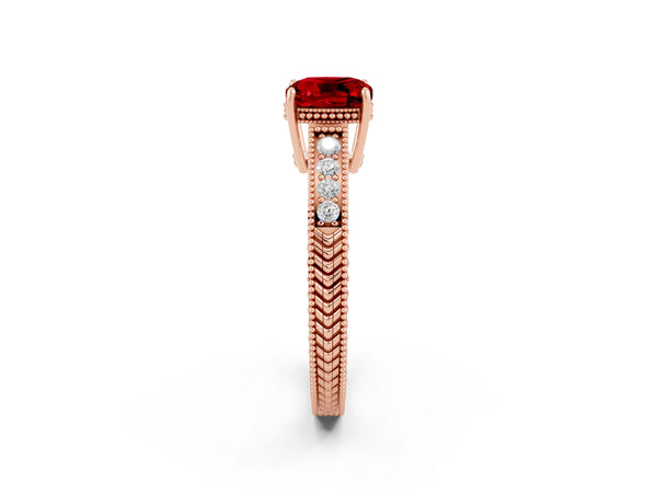 Rose gold Cushion Cut Ruby Engagement Ring with Milgrain Channel Set Band and Prong Setting