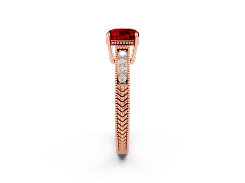 Rose gold Cushion Cut Ruby Engagement Ring with Milgrain Channel Set Band and Prong Setting_2