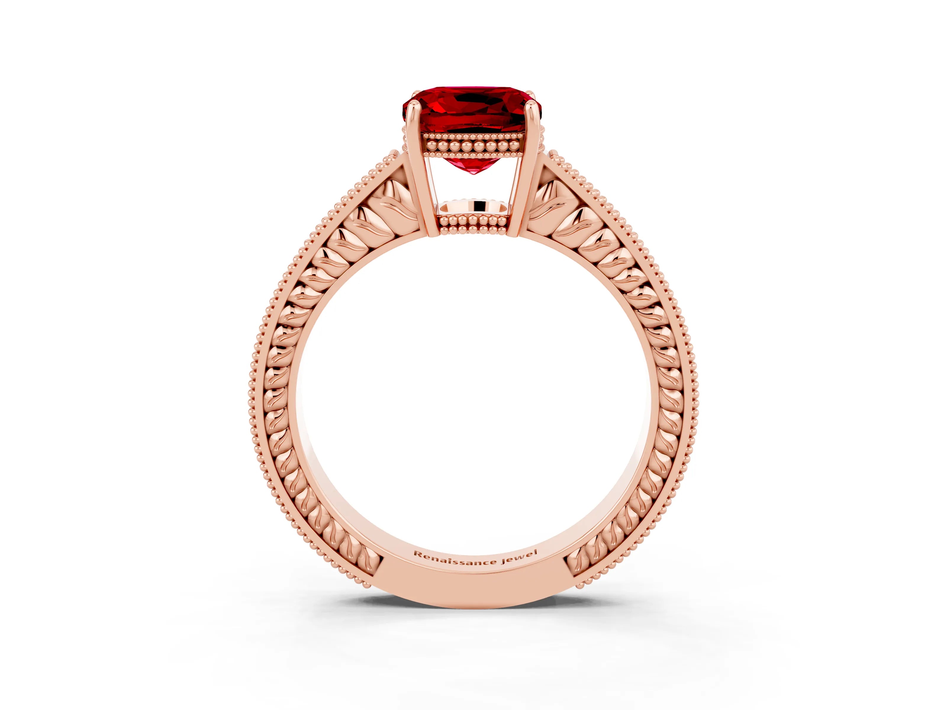 Rose gold Cushion Cut Ruby Engagement Ring with Milgrain Channel Set Band and Prong Setting_3