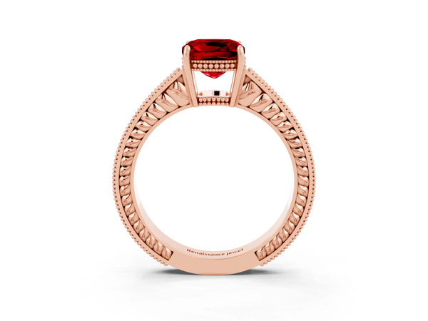 Rose gold Cushion Cut Ruby Engagement Ring with Milgrain Channel Set Band and Prong Setting
