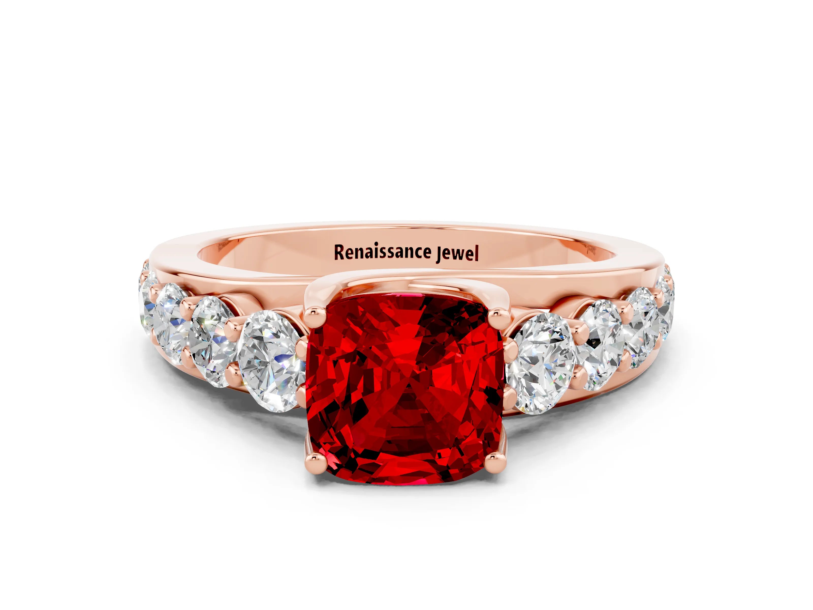 Rose gold Cushion Cut Ruby Engagement Ring with Pavé Band and Four-Prong Setting