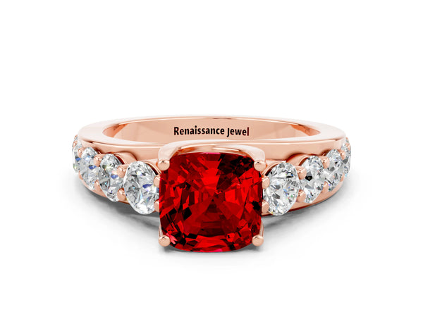 Rose gold Cushion Cut Ruby Engagement Ring with Pavé Band and Four-Prong Setting