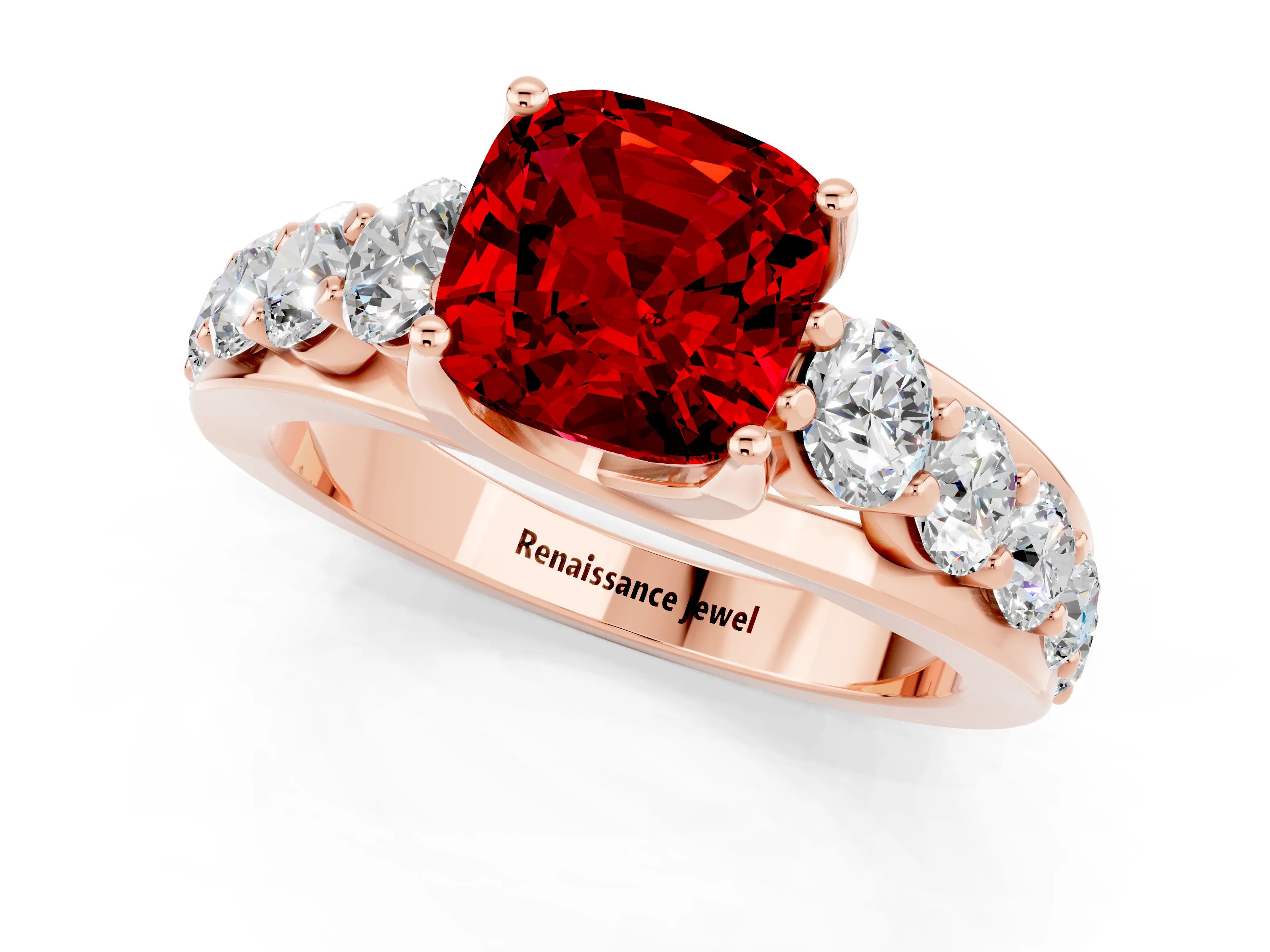 Rose gold Cushion Cut Ruby Engagement Ring with Pavé Band and Four-Prong Setting_1