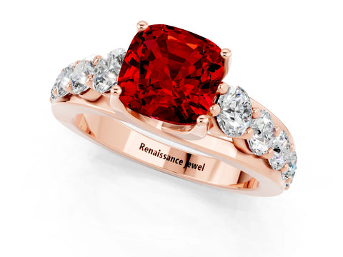 Rose gold Cushion Cut Ruby Engagement Ring with Pavé Band and Four-Prong Setting_1