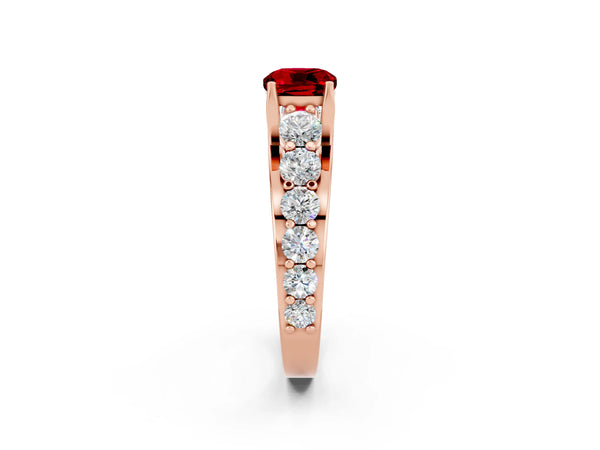 Rose gold Cushion Cut Ruby Engagement Ring with Pavé Band and Four-Prong Setting