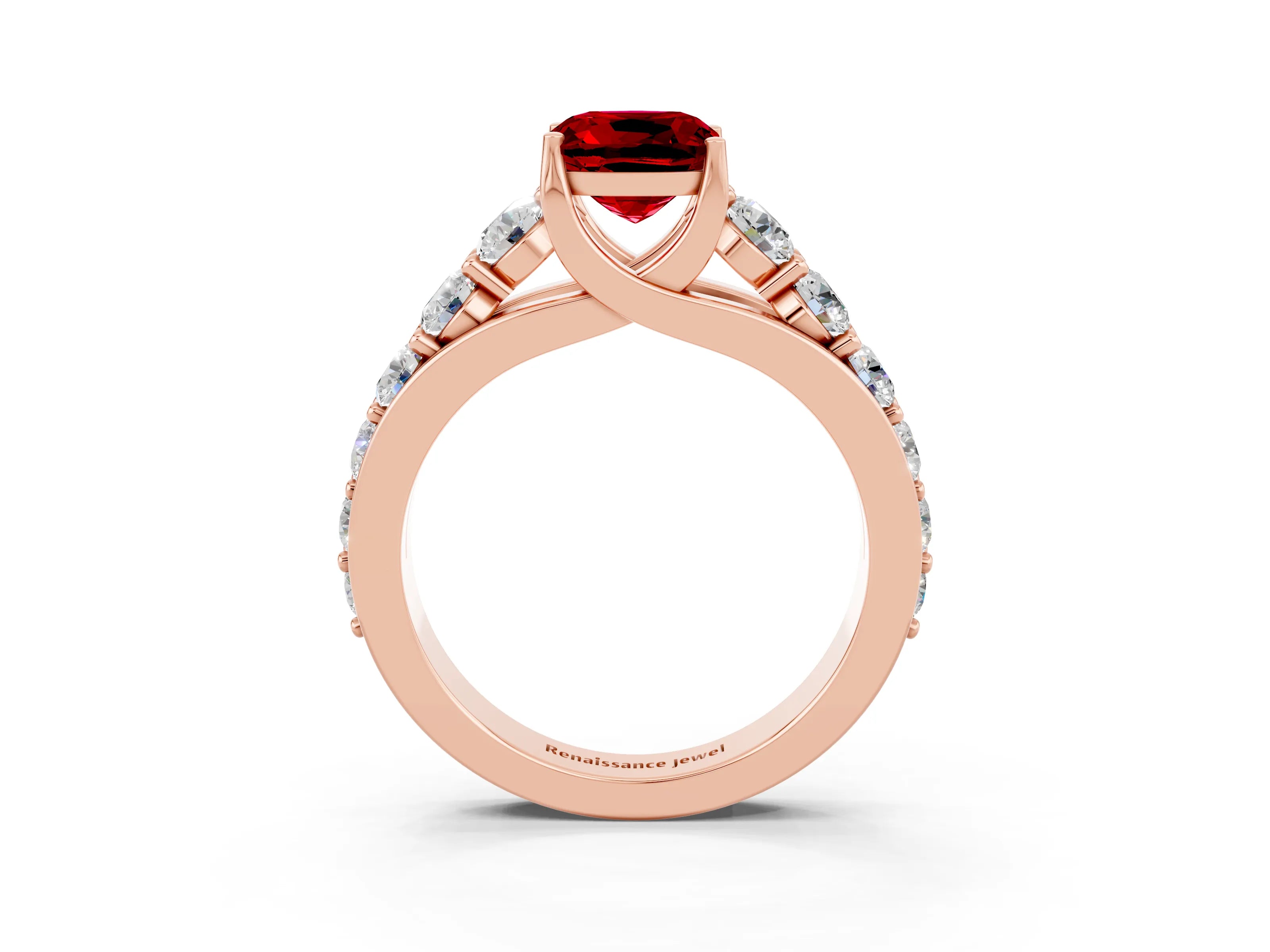 Rose gold Cushion Cut Ruby Engagement Ring with Pavé Band and Four-Prong Setting_3