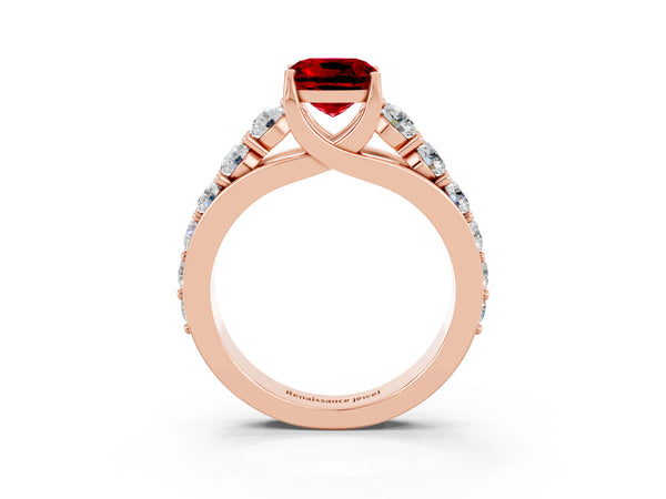 Rose gold Cushion Cut Ruby Engagement Ring with Pavé Band and Four-Prong Setting