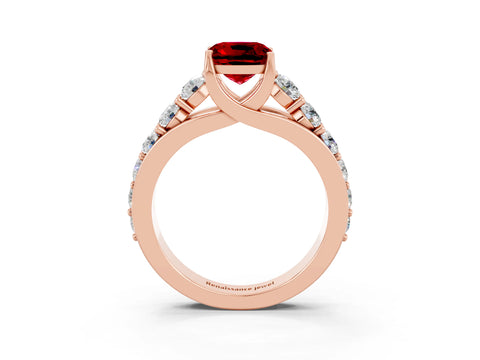 Rose gold Cushion Cut Ruby Engagement Ring with Pavé Band and Four-Prong Setting_3