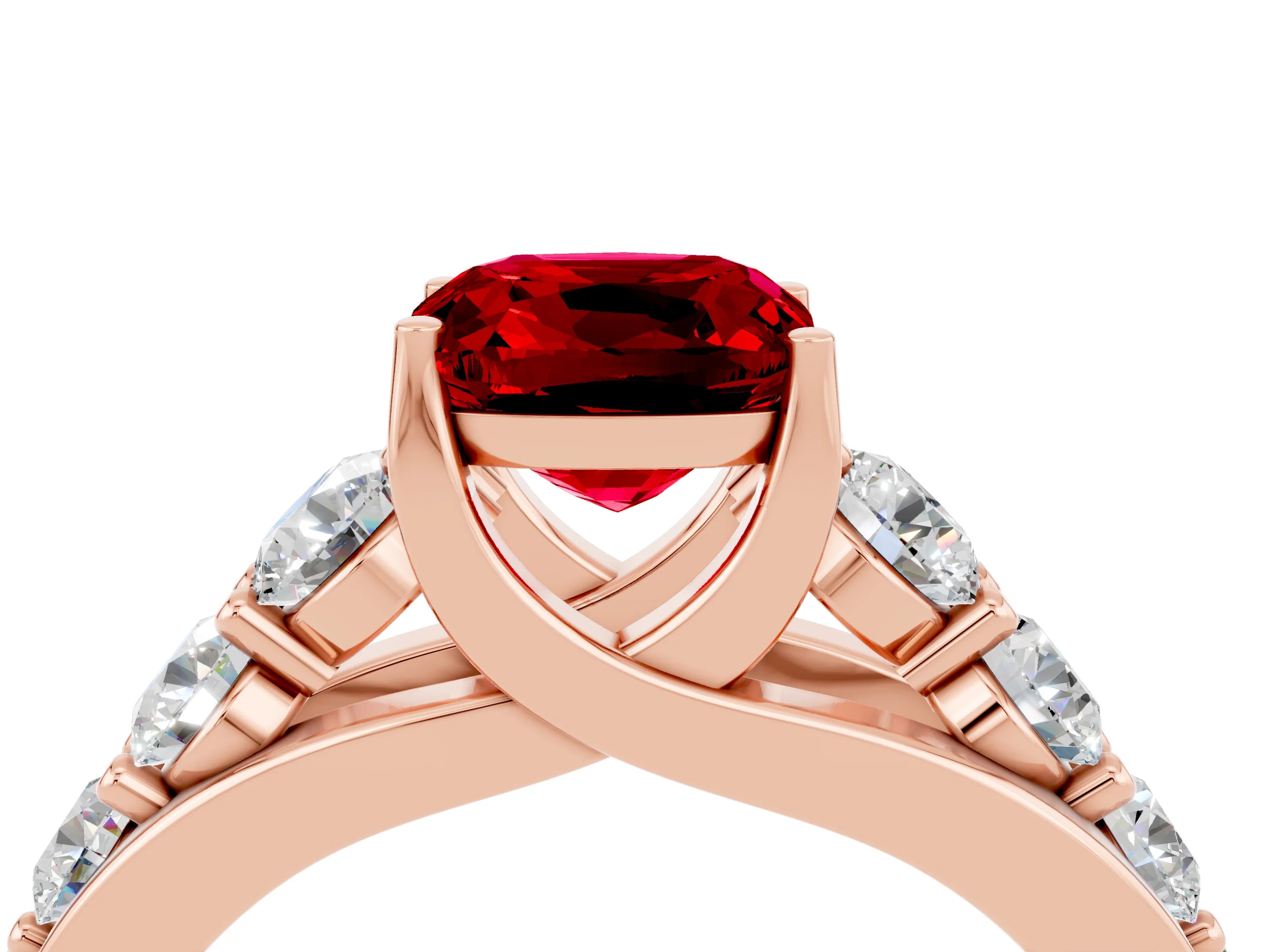 Rose gold Cushion Cut Ruby Engagement Ring with Pavé Band and Four-Prong Setting_4