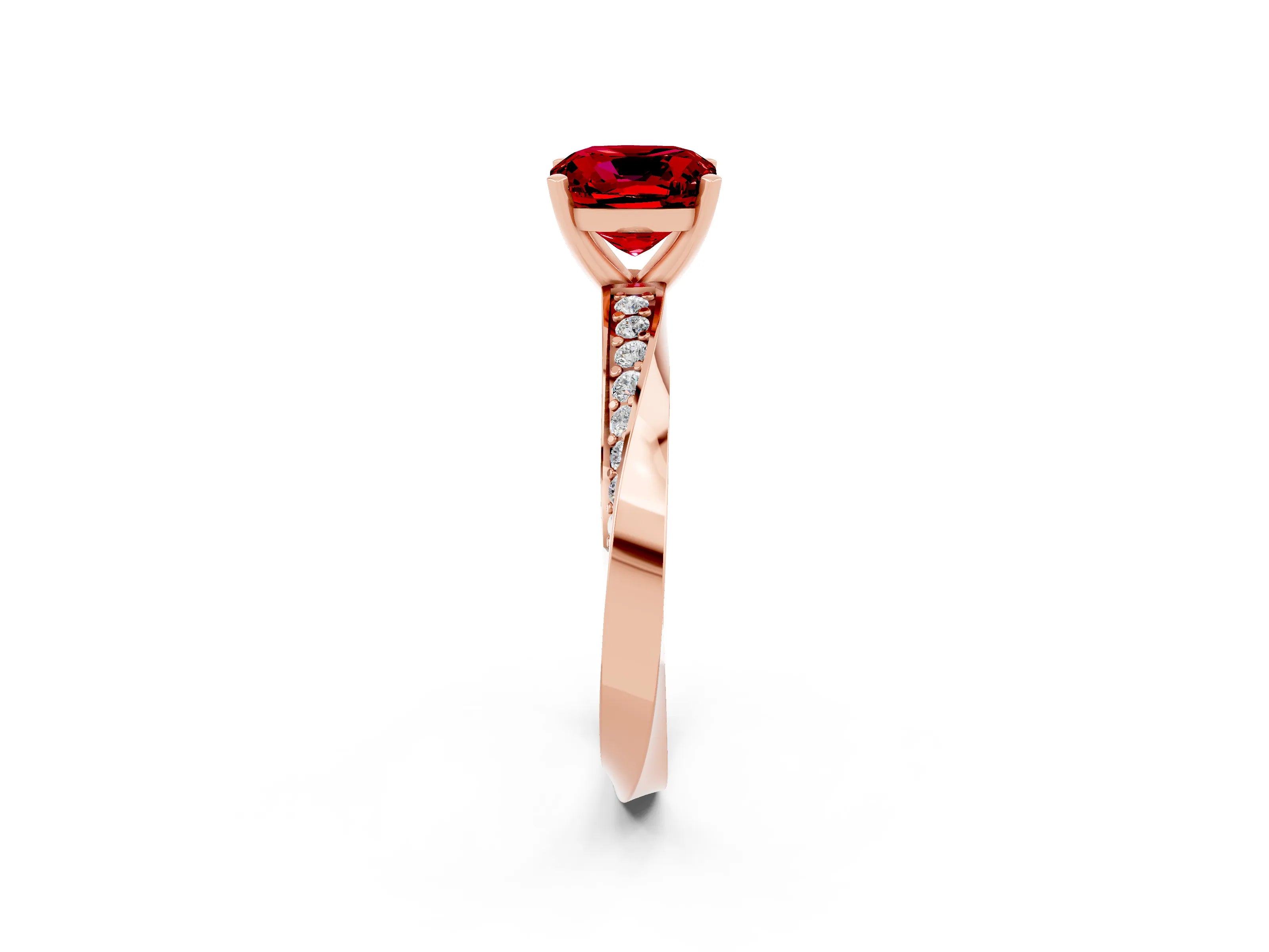 Rose gold Cushion Cut Ruby Engagement Ring with Side Stone Accents and Four-Prong Setting_29