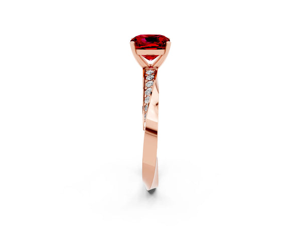 Rose gold Cushion Cut Ruby Engagement Ring with Side Stone Accents and Four-Prong Setting