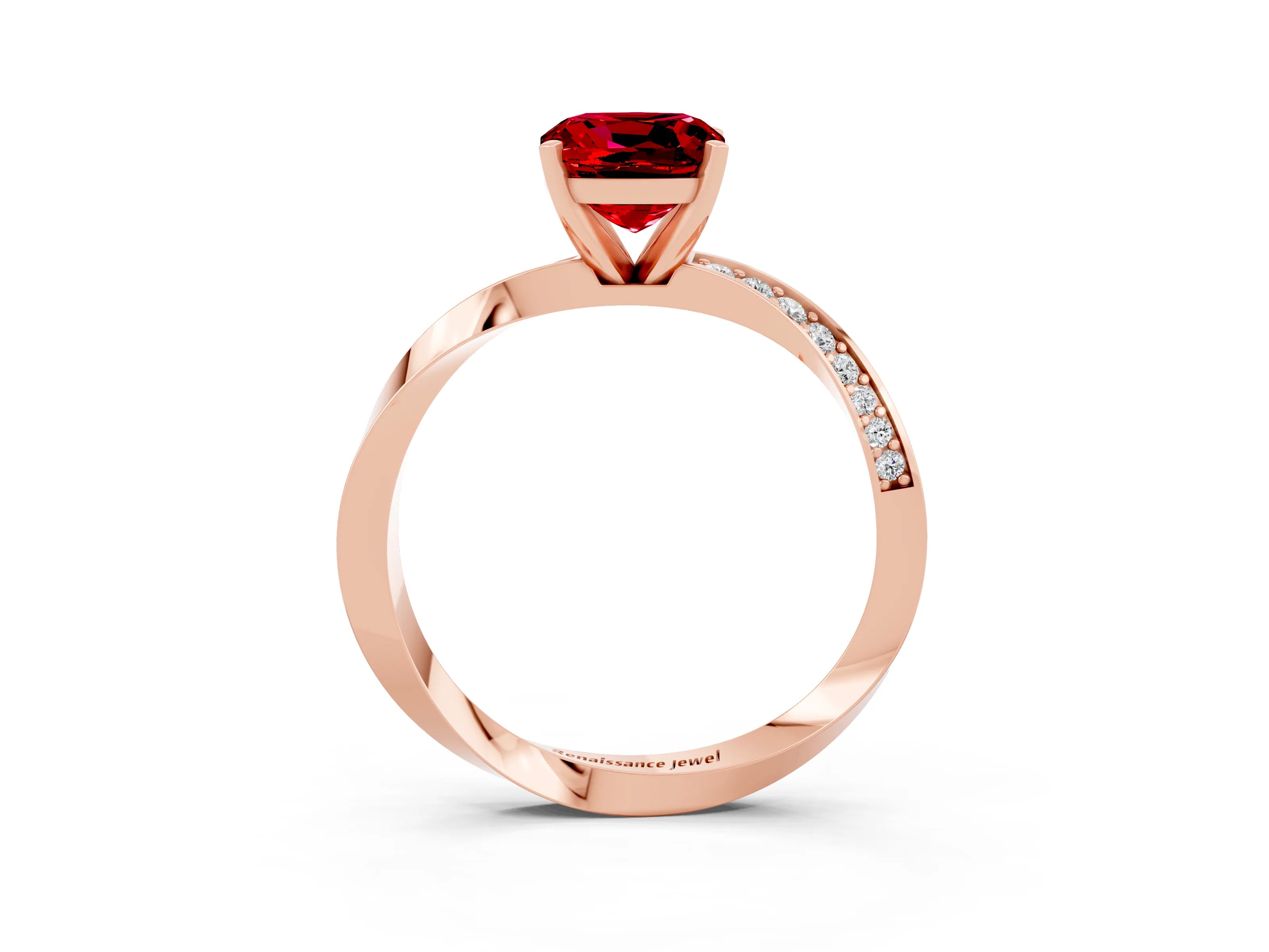 Rose gold Cushion Cut Ruby Engagement Ring with Side Stone Accents and Four-Prong Setting_30