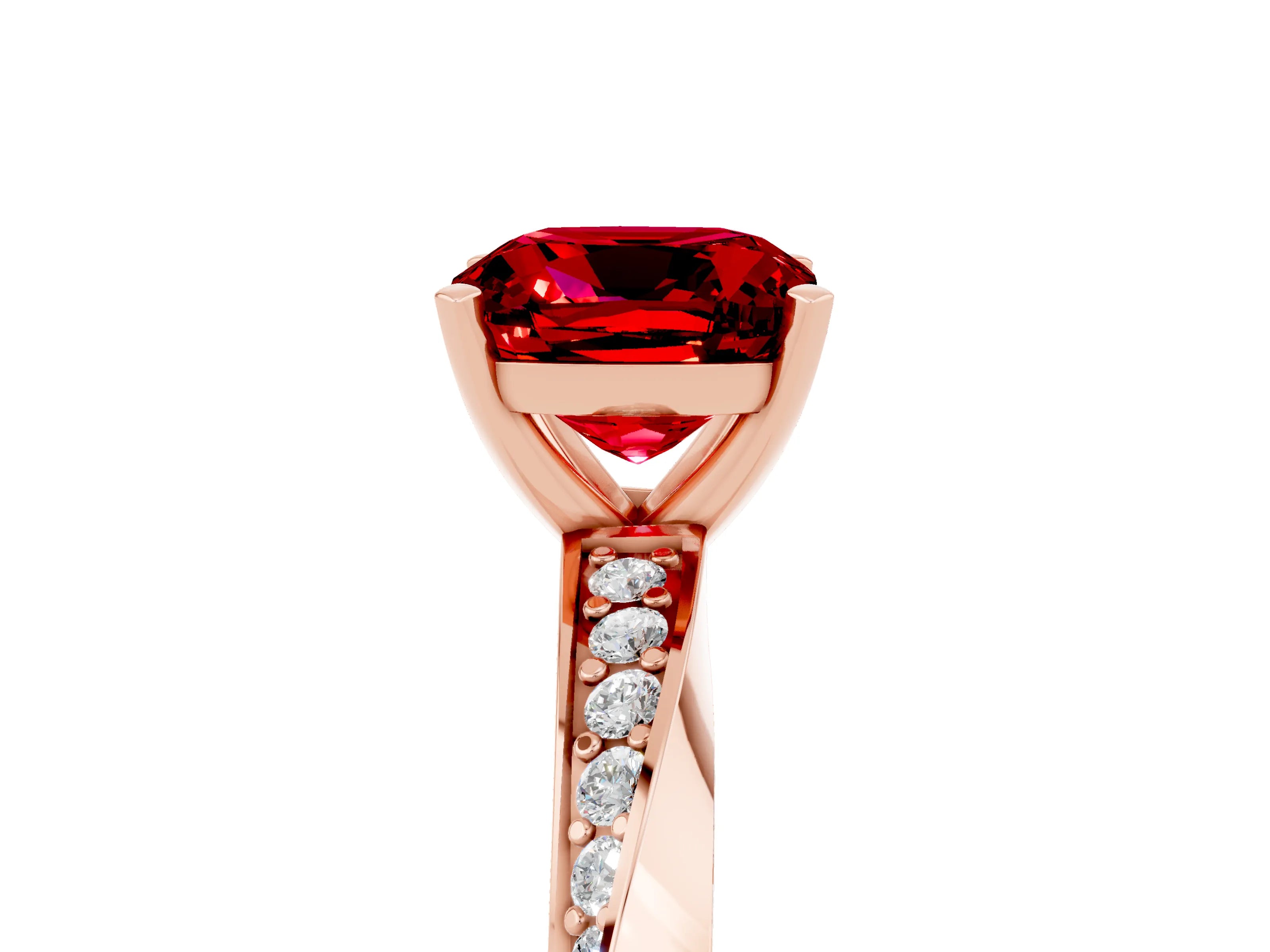 Rose gold Cushion Cut Ruby Engagement Ring with Side Stone Accents and Four-Prong Setting_32