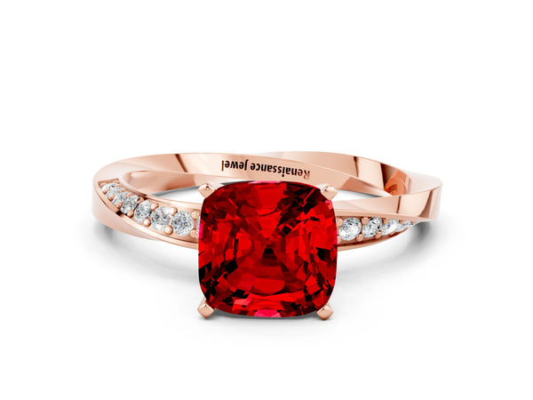 Rose gold Cushion Cut Ruby Engagement Ring with Side Stone Accents and Four-Prong Setting