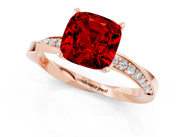 Rose gold Cushion Cut Ruby Engagement Ring with Side Stone Accents and Four-Prong Setting