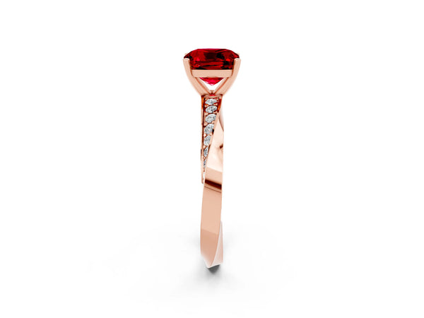 Rose gold Cushion Cut Ruby Engagement Ring with Side Stone Accents and Four-Prong Setting