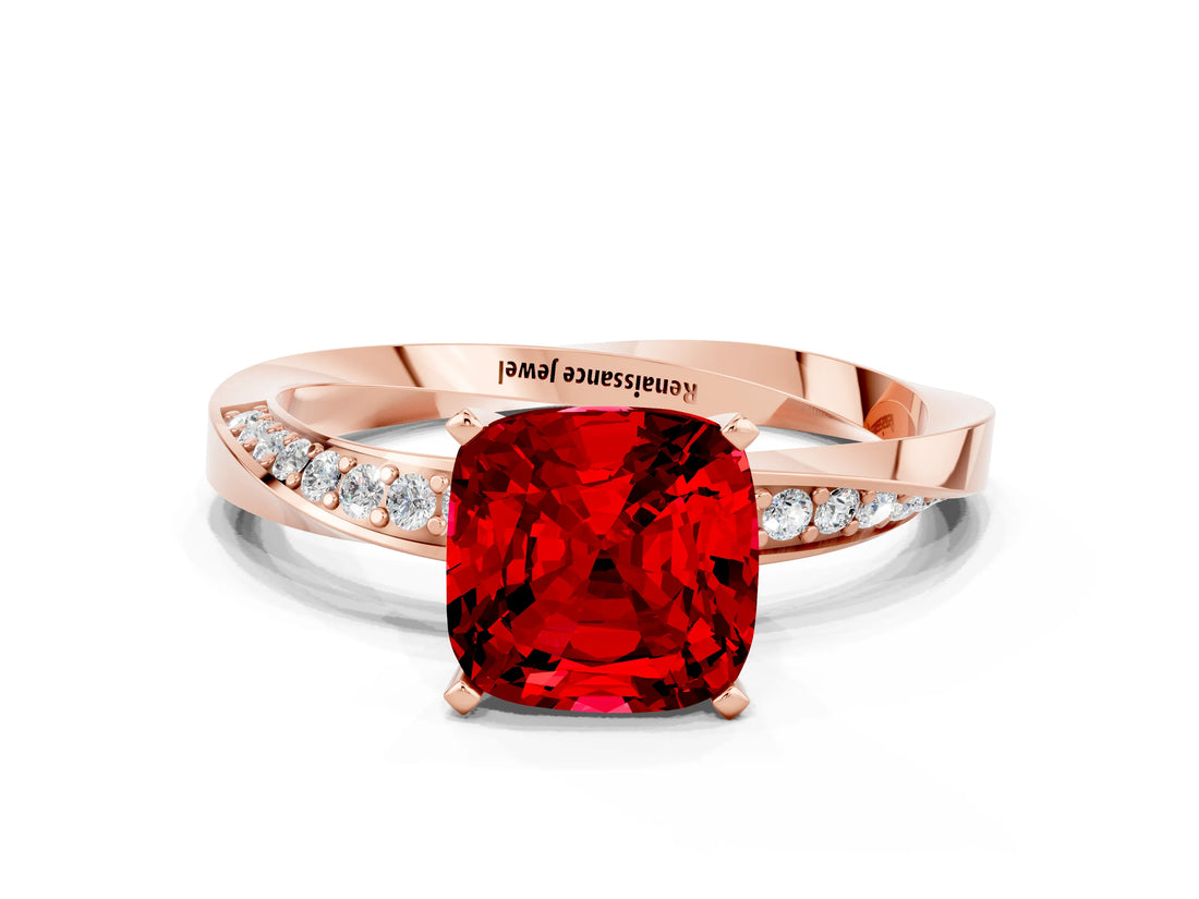 Rose gold Cushion Cut Ruby Engagement Ring with Side Stone Accents and Four-Prong Setting_84