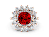 Rose gold Cushion Cut Ruby Floral Double Halo Engagement Ring with Prong Setting_61