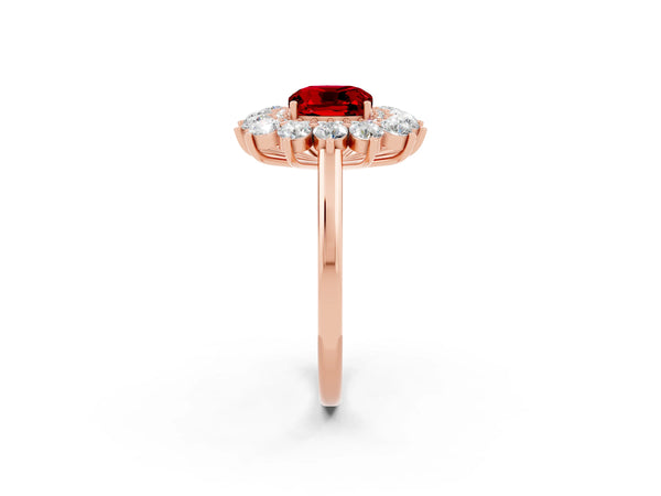 Rose Gold Cushion Cut Lab-Grown Ruby Floral Double Halo Engagement Ring with Plain Band